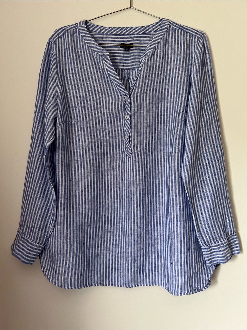 Talbots Blue and White Striped 1/2 Button Henley Tunic Shirt Summer Coastal